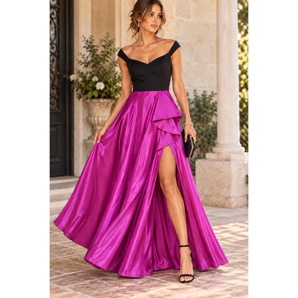 NWT DJ-JAZ Formal Gown Dress Size 5 Fuchsia Pink Black Off Shoulder Ruffle Slit